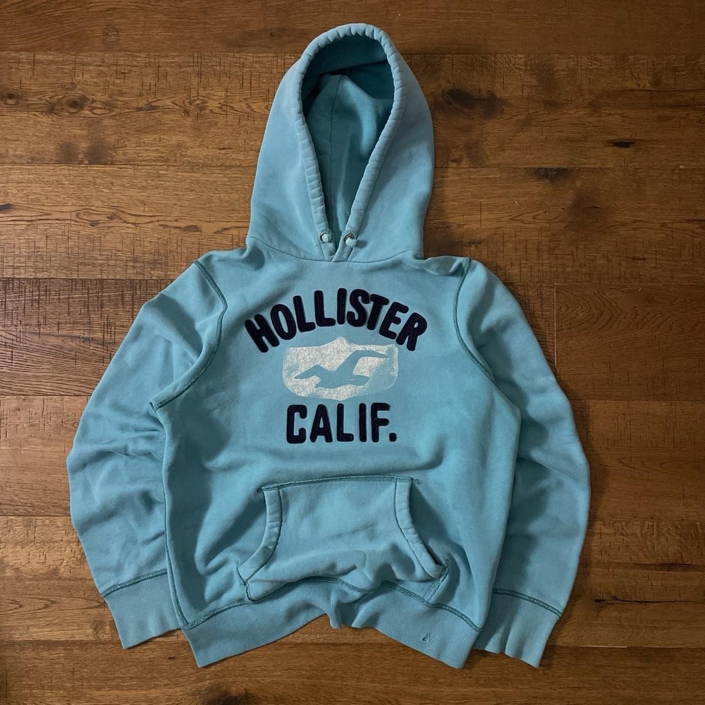 Hollister Hoodie Mens L Blue Y2K Vintage Heavyweight Surf Grunge Pullover